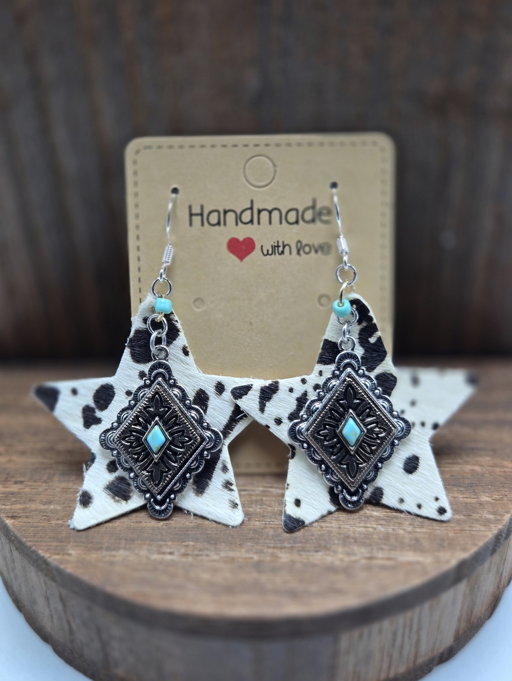 NWT Cowhide Turquoise Star Earrings Pierced Cowgirl Western Dangle Drop Light